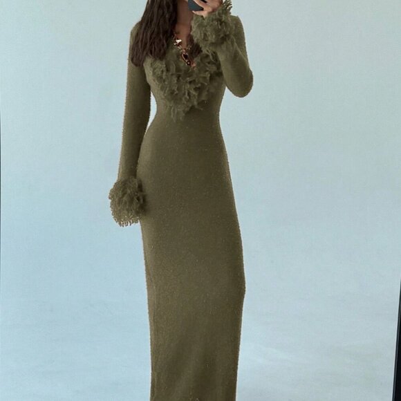 Army Green Elegant Women's V-Neck Fringed Fuzzy Maxi Sweater Dress is  available for purchase on au PAY Market - Imported Goods Online Store  Co.Ltd. | au PAY Market - Online Shopping Site